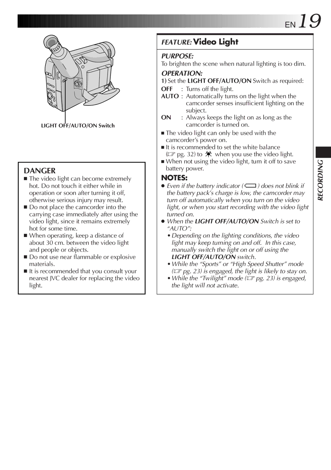 JVC GR-FXM333, GR-FXM555 manual Feature Video Light, To brighten the scene when natural lighting is too dim, Battery power 