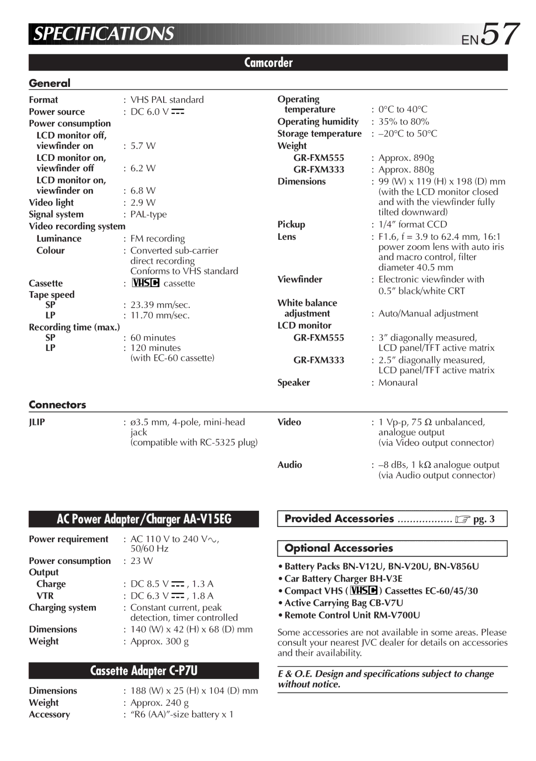 JVC GR-FXM333, GR-FXM555 manual General, Connectors, Provided Accessories Optional Accessories 