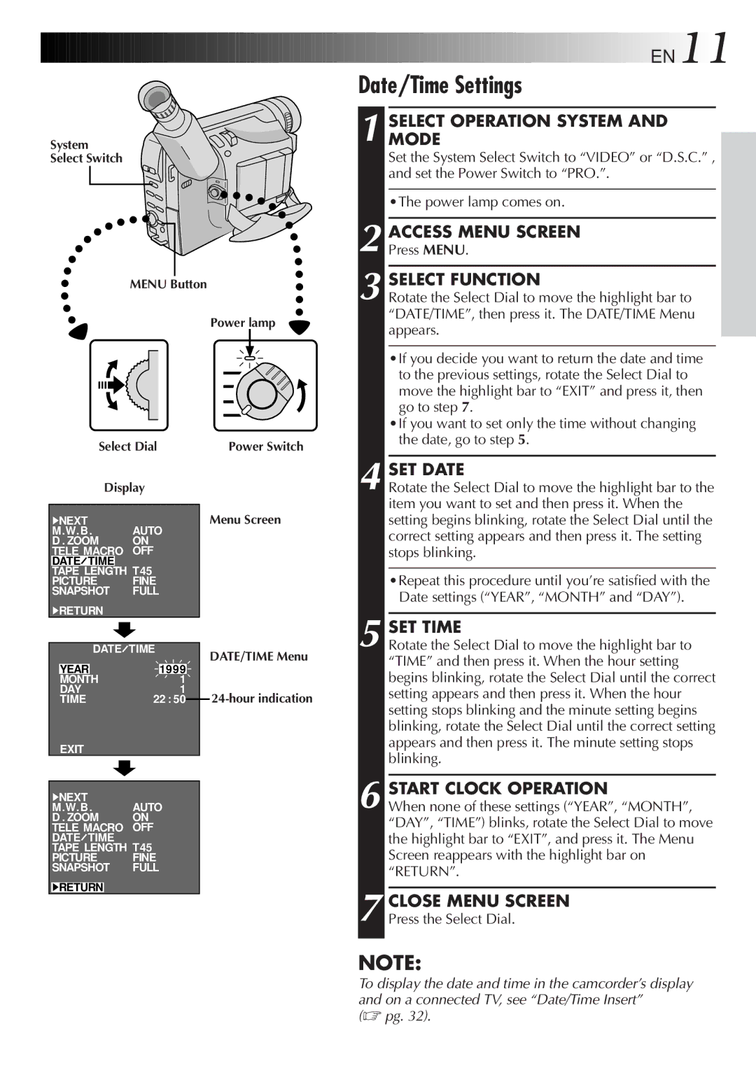 JVC GR-FXM65 specifications Date/Time Settings 