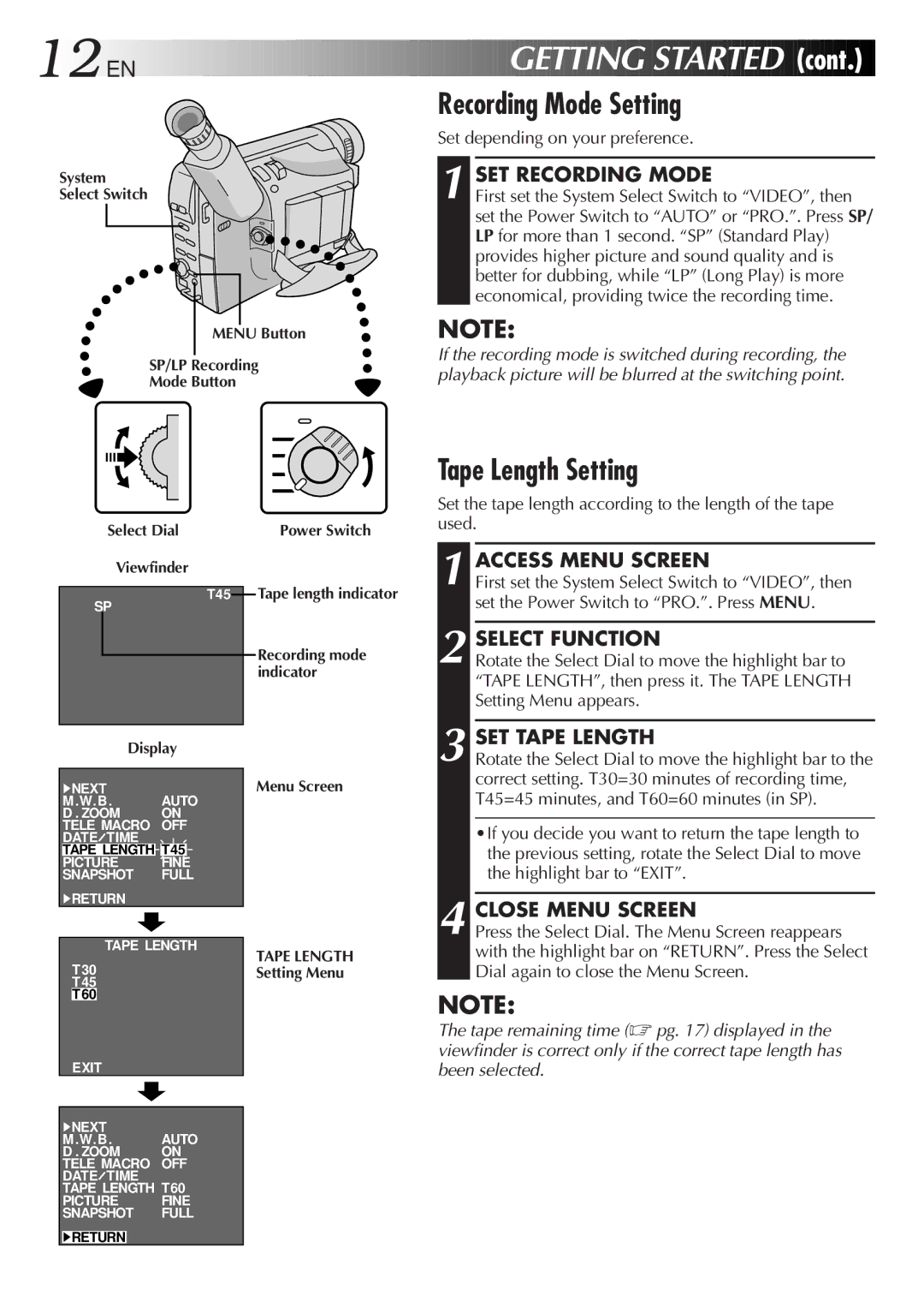 JVC GR-FXM65 specifications 12 EN, Recording Mode Setting, Tape Length Setting, SET Recording Mode, SET Tape Length 
