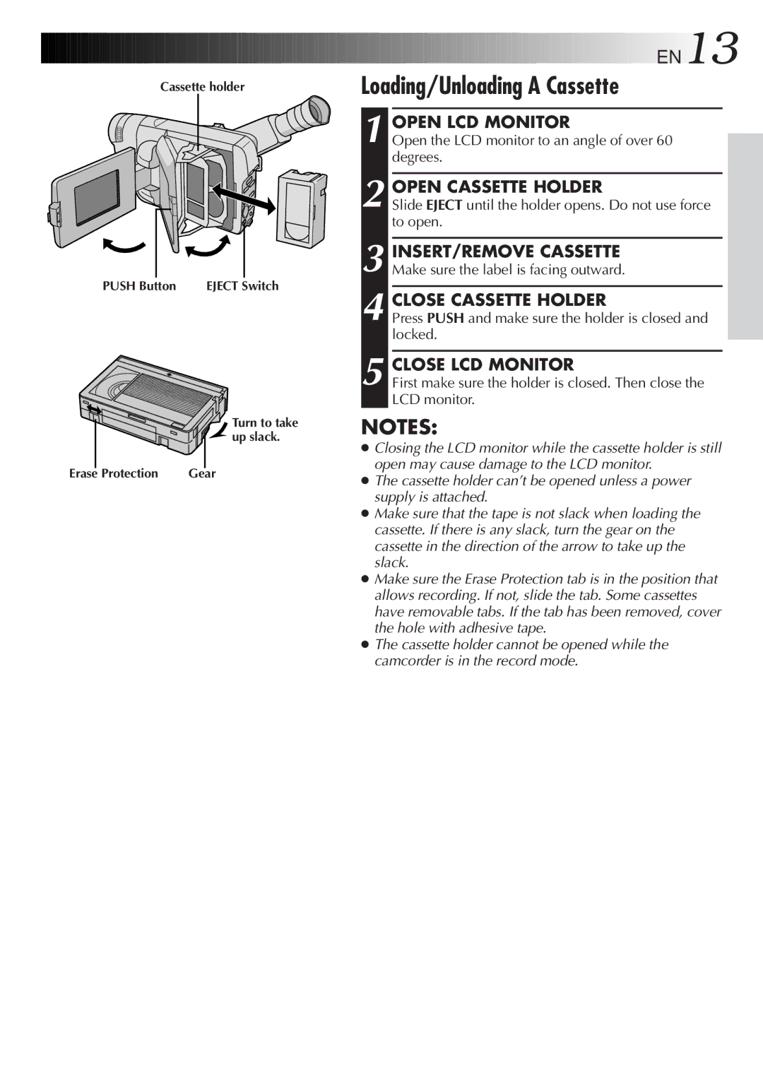 JVC GR-FXM65 specifications Loading/Unloading a Cassette, Open LCD Monitor, Open Cassette Holder, Close Cassette Holder 