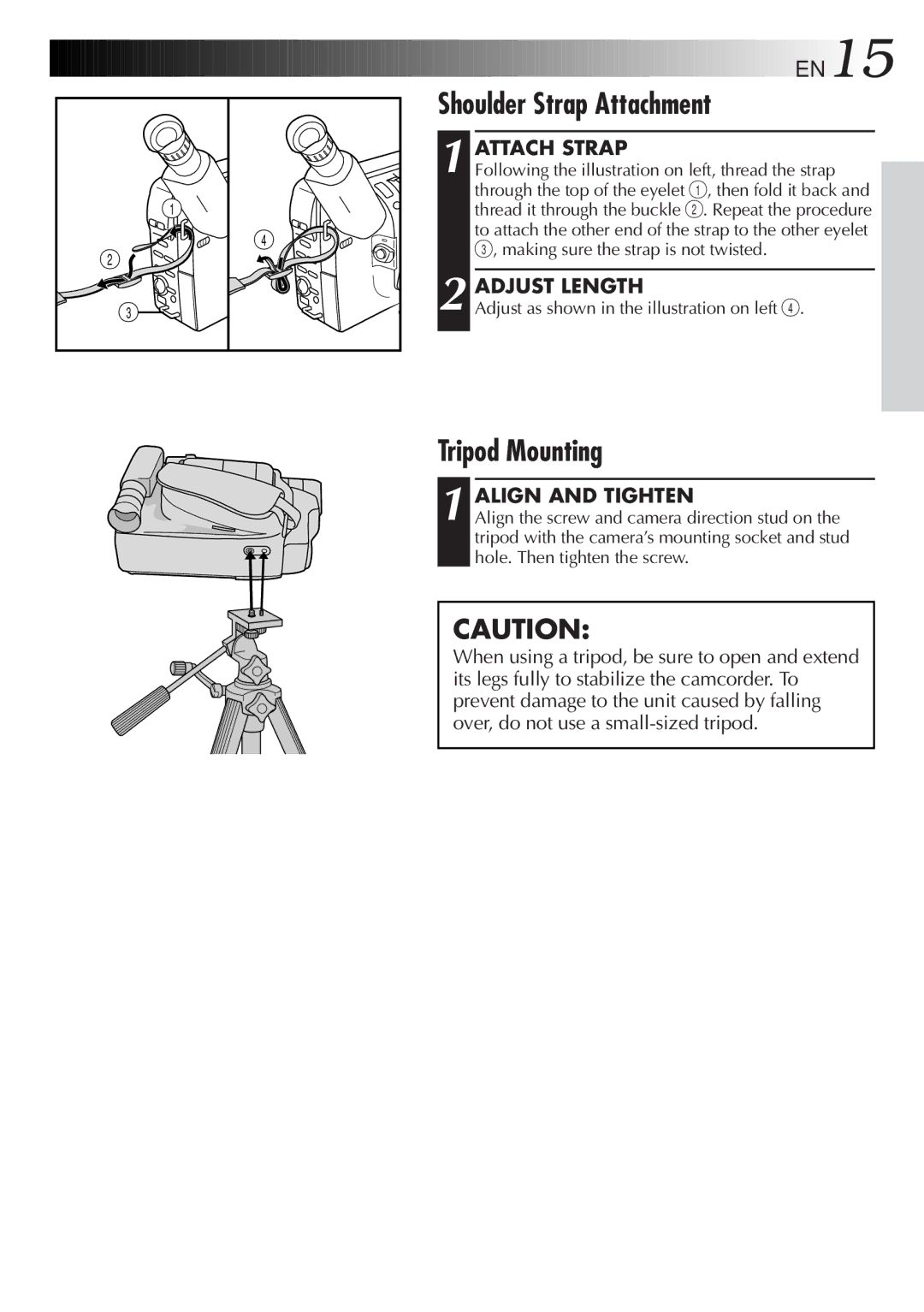 JVC GR-FXM65 specifications Shoulder Strap Attachment, Tripod Mounting, Attach Strap, Adjust Length, Align and Tighten 