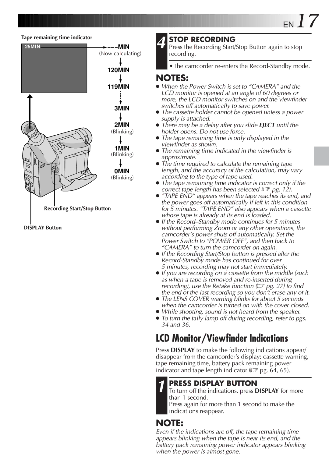 JVC GR-FXM65 LCD Monitor/Viewfinder Indications, Stop Recording, Press Display Button, Tape remaining time indicator 