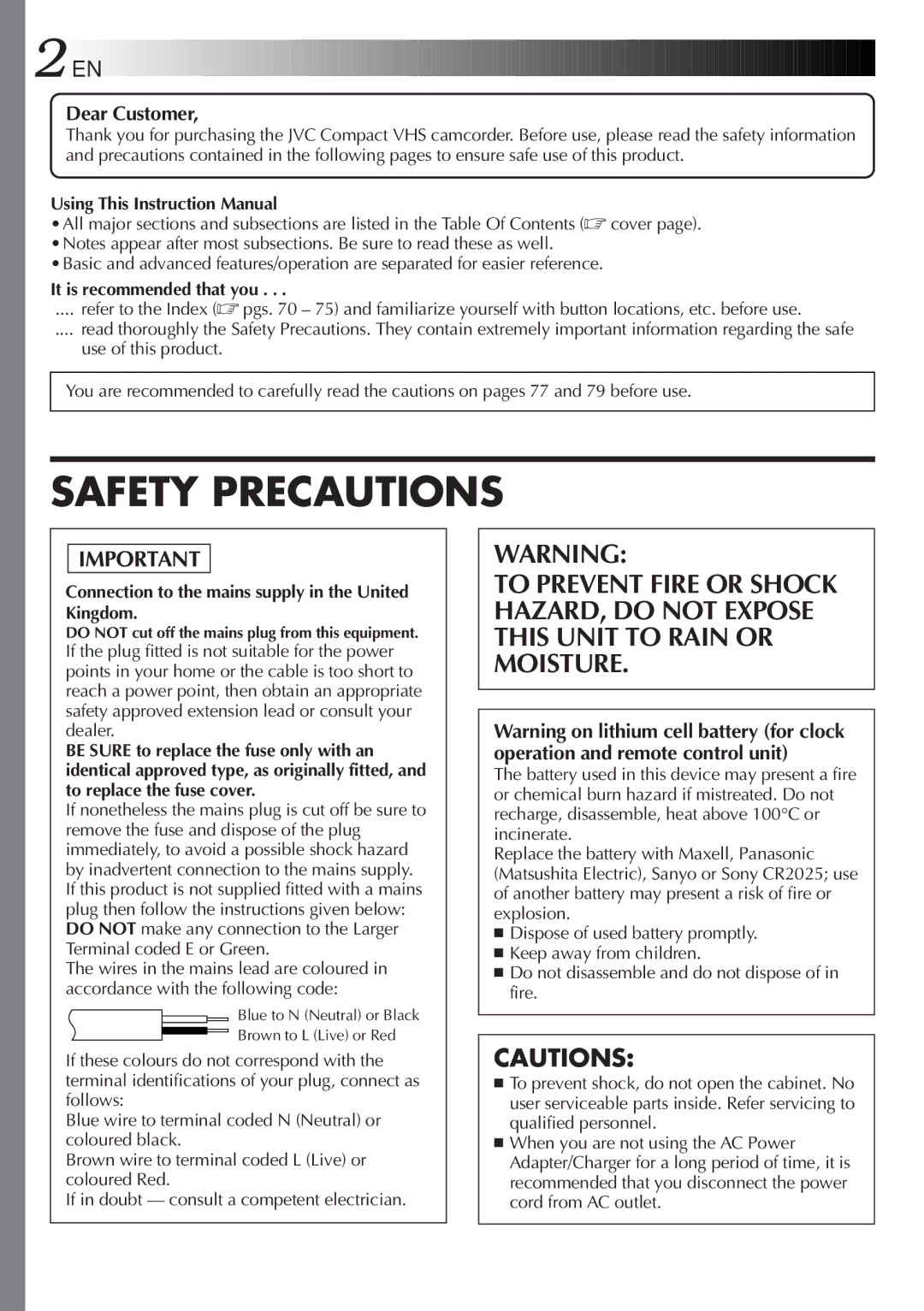 JVC GR-FXM65 specifications It is recommended that you, Connection to the mains supply in the United Kingdom 