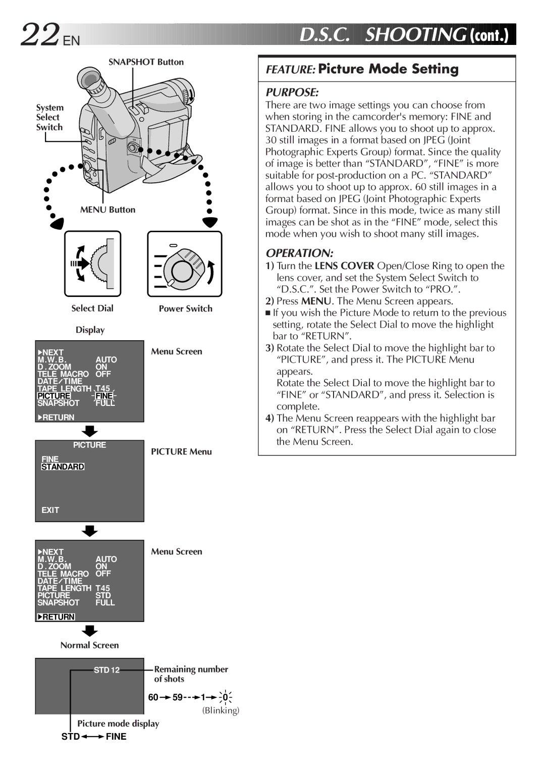 JVC GR-FXM65 specifications 22 EN, Feature Picture Mode Setting, PICTURE, and press it. The Picture Menu, Appears, Complete 