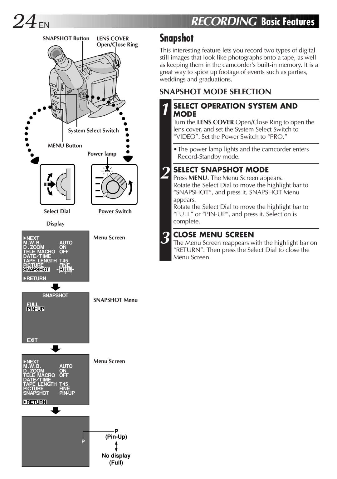 JVC GR-FXM65 specifications 24 EN, Recording Basic Features, Snapshot Mode Selection 