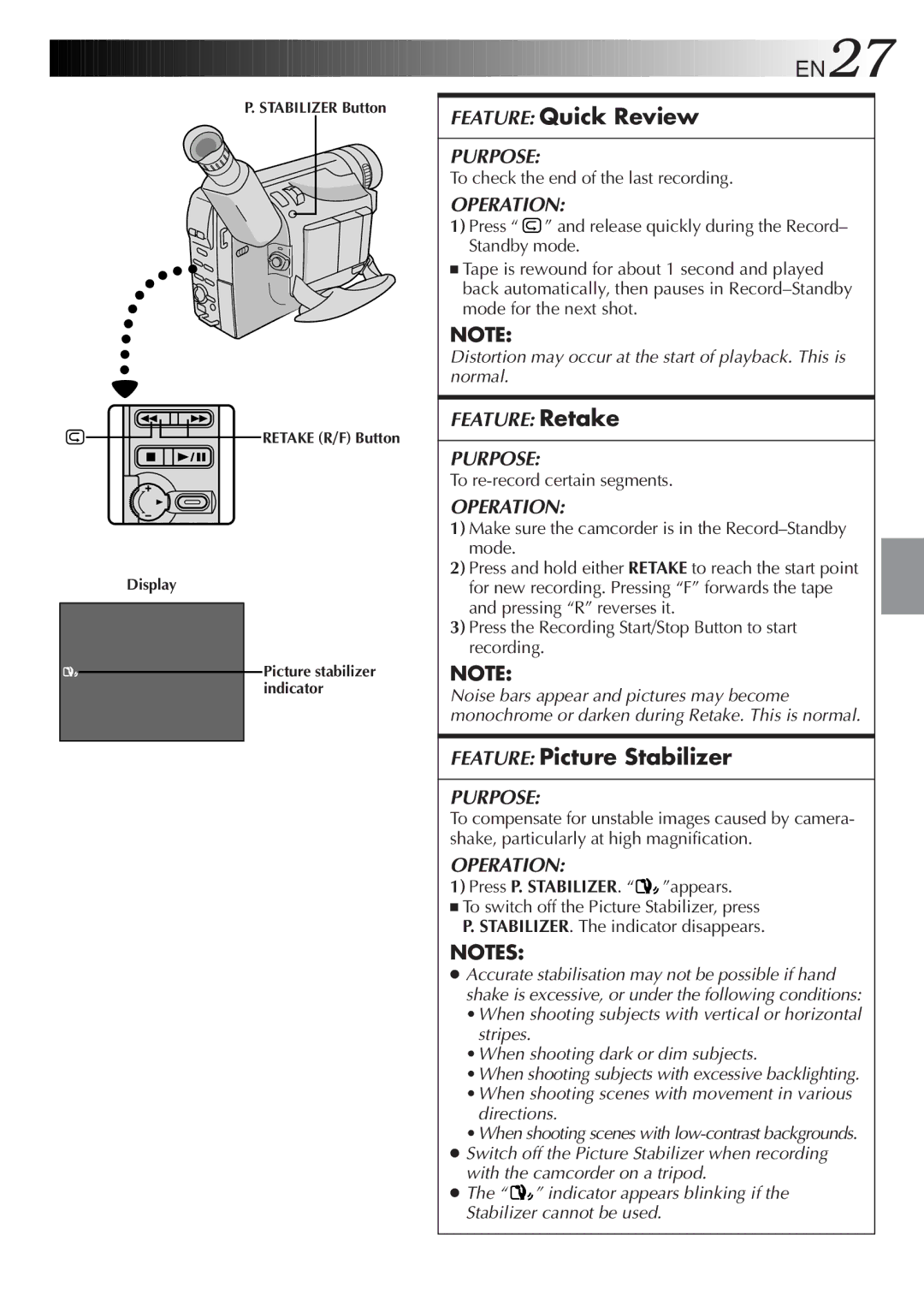 JVC GR-FXM65 specifications Feature Quick Review, Feature Picture Stabilizer, To check the end of the last recording 