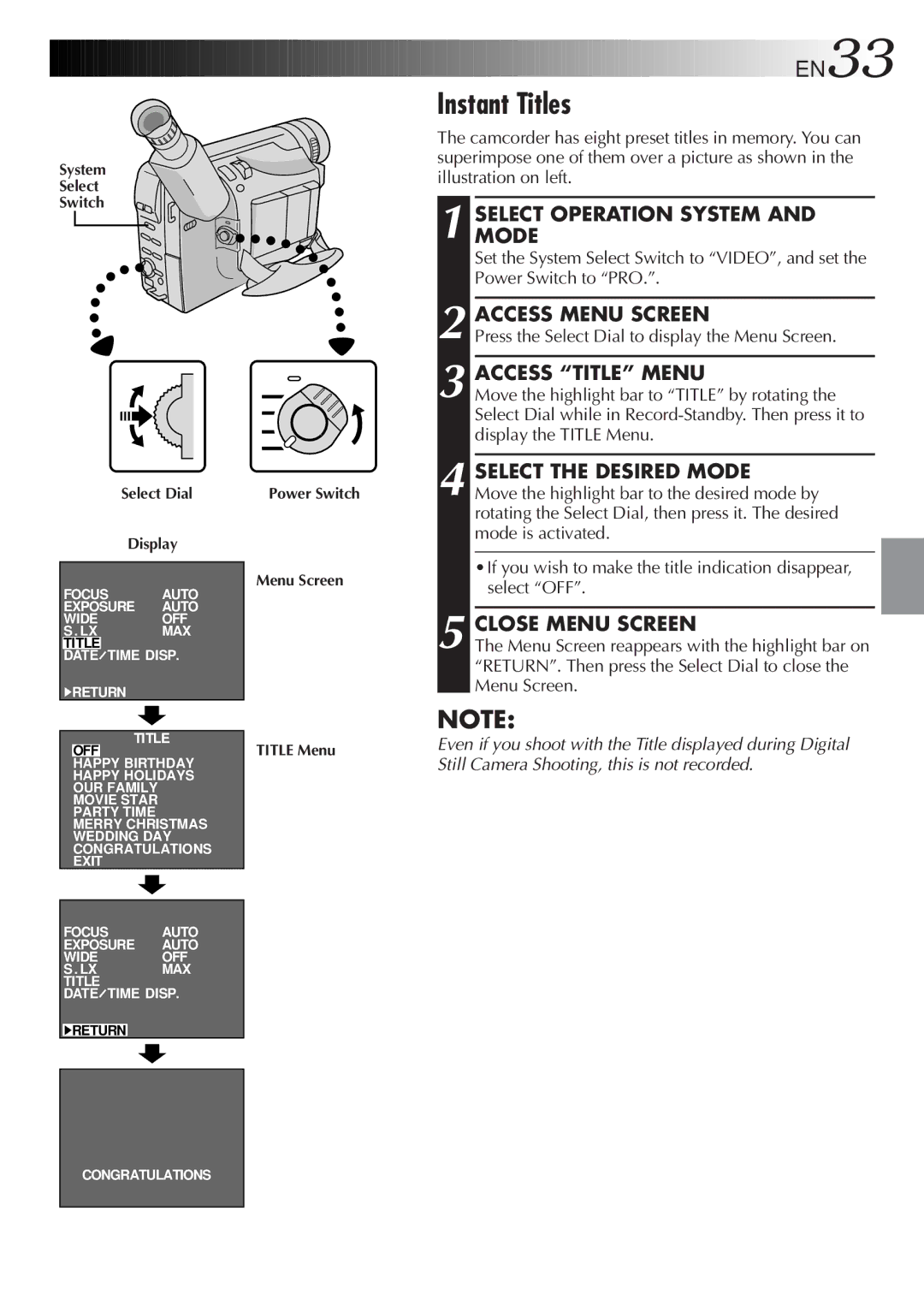 JVC GR-FXM65 specifications Instant Titles, Access Title Menu, System Select Switch Select Dial Display 