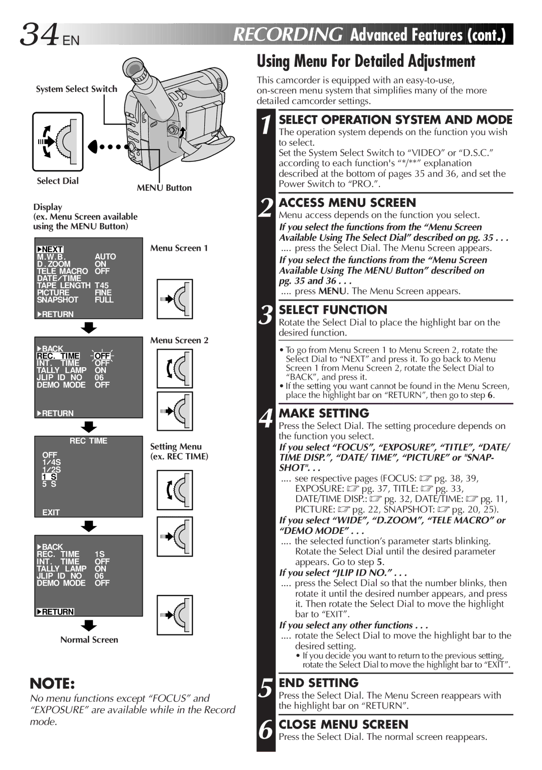 JVC GR-FXM65 specifications 34 EN, Using Menu For Detailed Adjustment, Make Setting, END Setting 