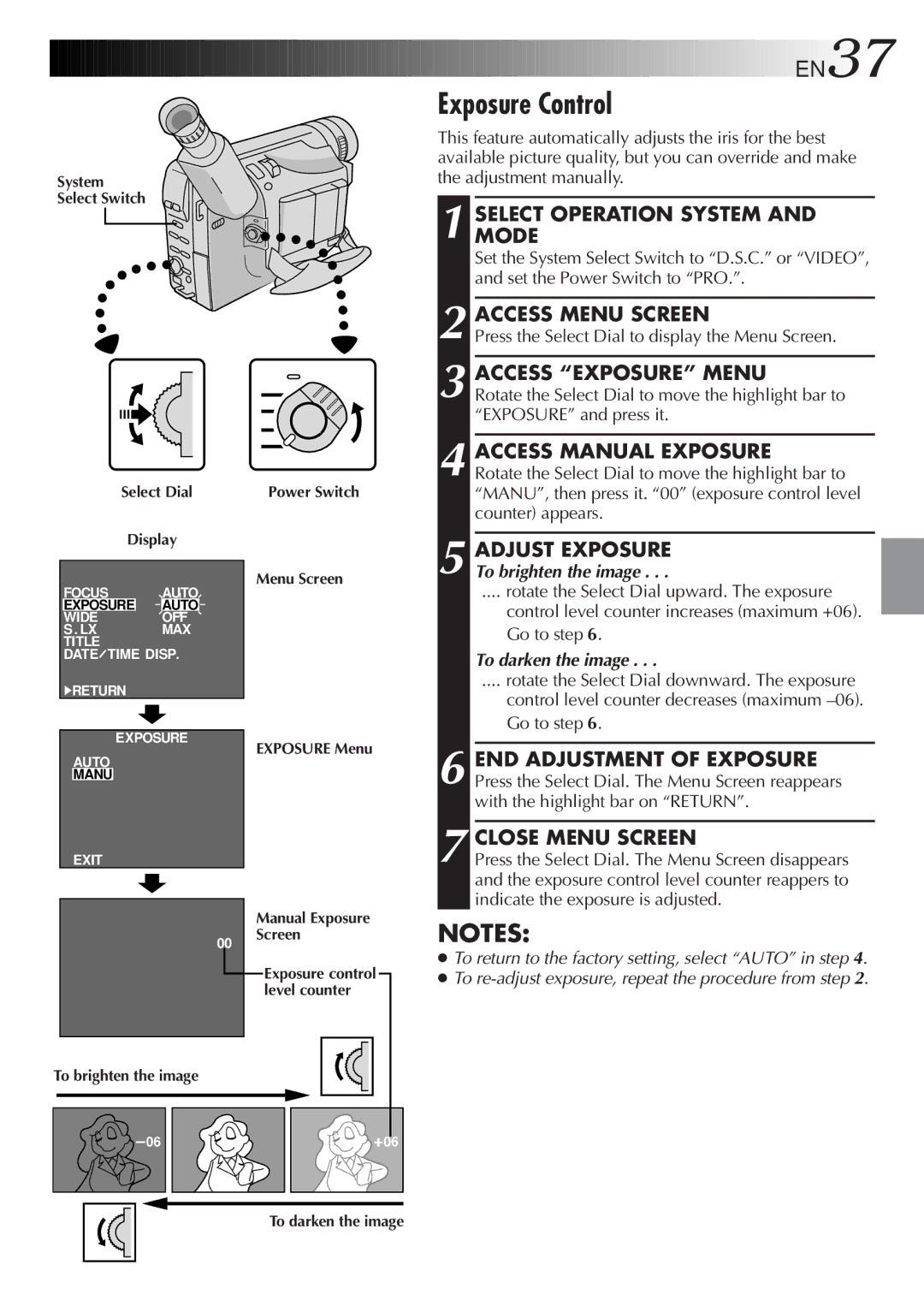 JVC GR-FXM65 specifications Exposure Control, Access Exposure Menu, To darken the image 