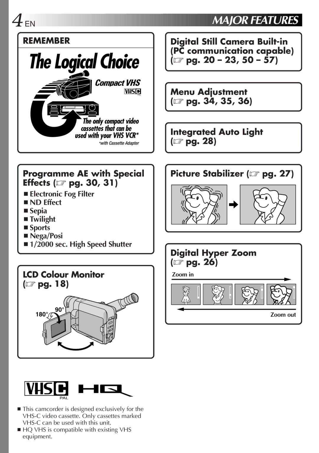 JVC GR-FXM65 specifications EN Major Features, Zoom Zoom out 