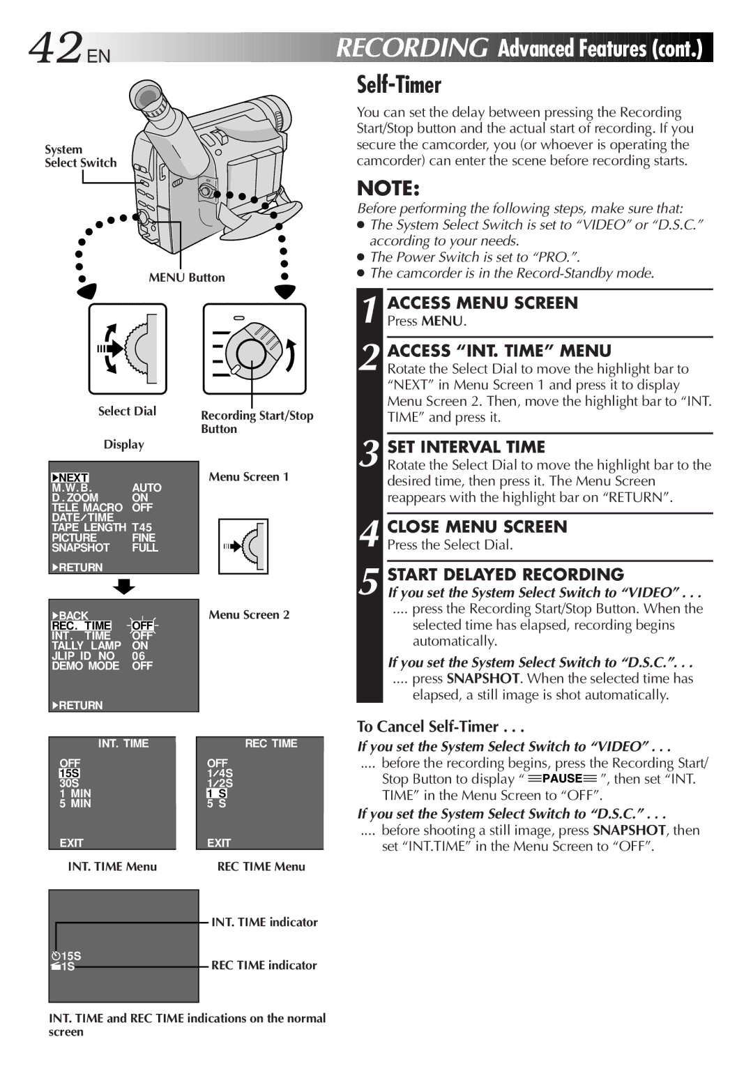 JVC GR-FXM65 specifications EN Recording, Self-Timer, Access INT. Time Menu, SET Interval Time, Start Delayed Recording 