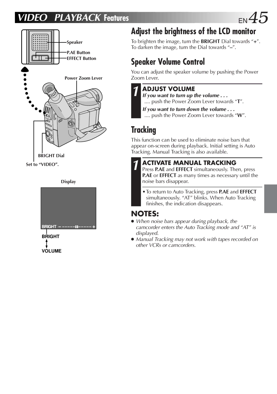 JVC GR-FXM65 specifications Features EN45, Speaker Volume Control, Adjust Volume, Activate Manual Tracking 