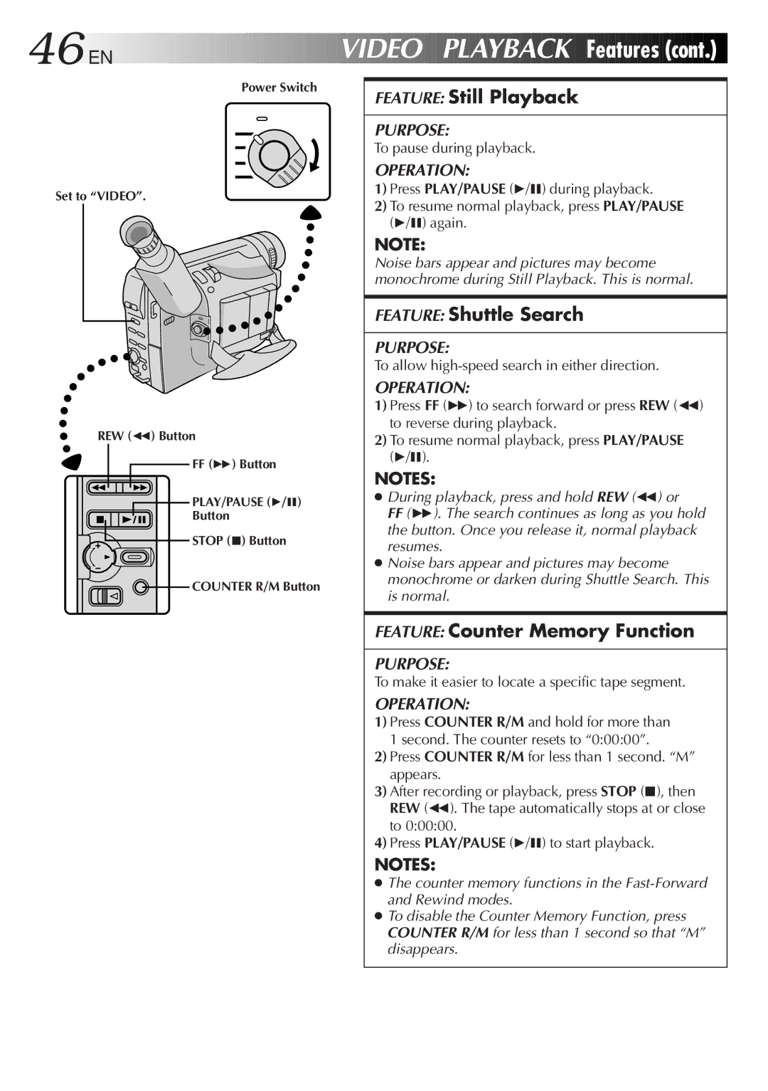 JVC GR-FXM65 specifications 46 EN, Video Playback, Features 