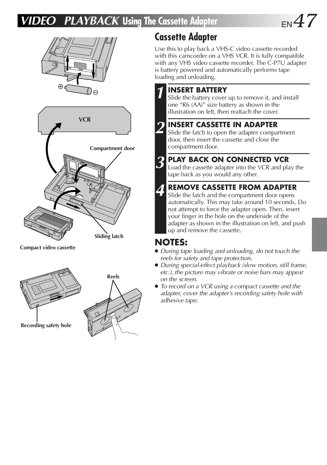 JVC GR-FXM65 Using The Cassette Adapter EN47, Insert Battery, Compartment door Sliding latch Compact video cassette Reels 