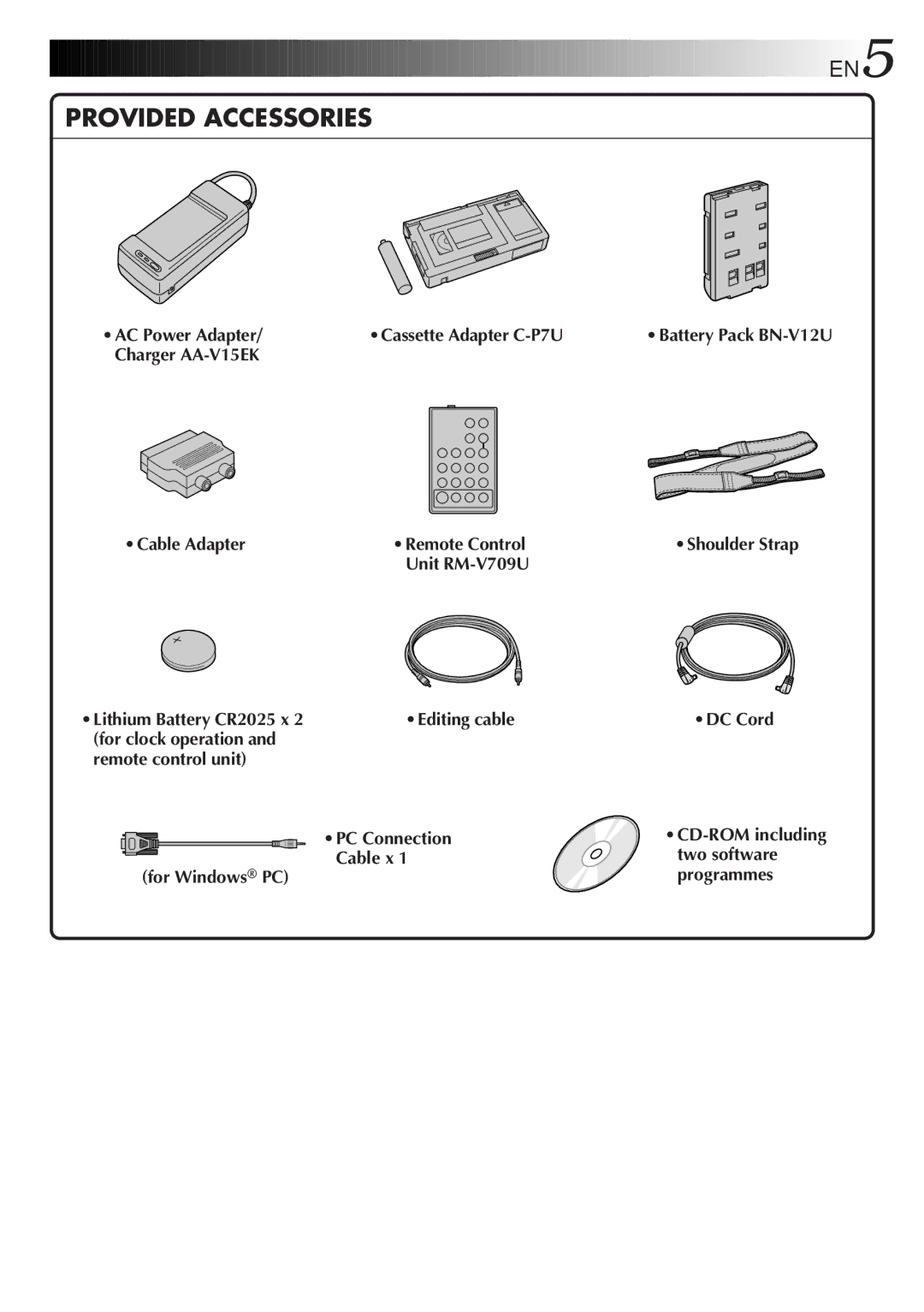 JVC GR-FXM65 specifications AC Power Adapter, Charger AA-V15EK Cable Adapter, Cassette Adapter C-P7U, Editing cable 