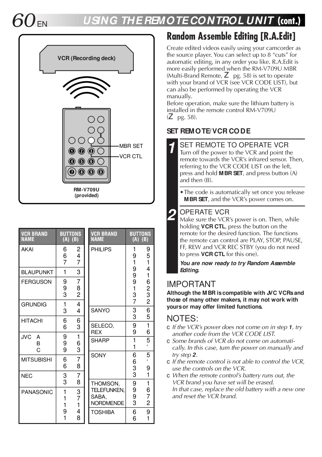 JVC GR-FXM65 specifications 60 EN, Using the Remote Control Unit, SET REMOTE/VCR Code, Operate VCR 