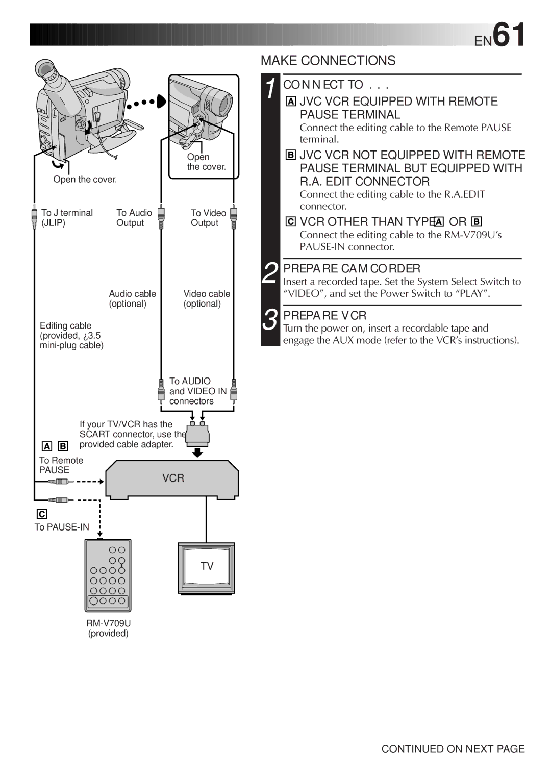 JVC GR-FXM65 Make Connections, JVC VCR Equipped with Remote Pause Terminal, VCR Other than Type or, Prepare Camcorder 