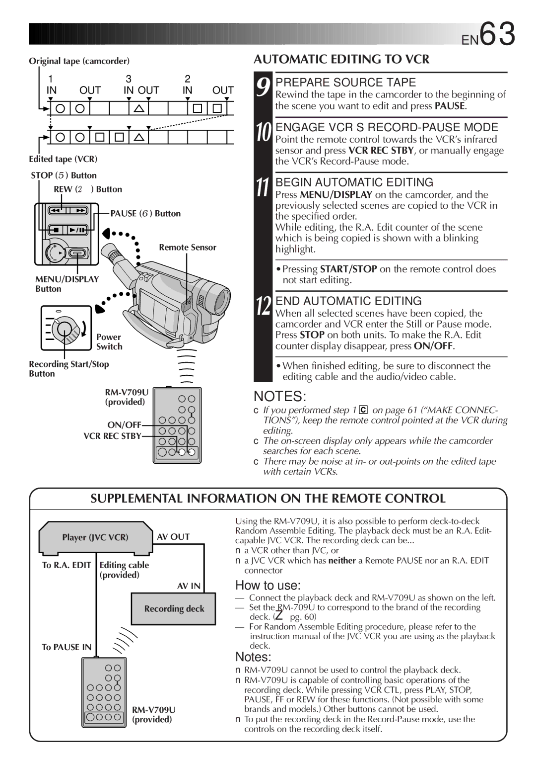 JVC GR-FXM65 specifications Automatic Editing to VCR, Supplemental Information on the Remote Control, How to use 