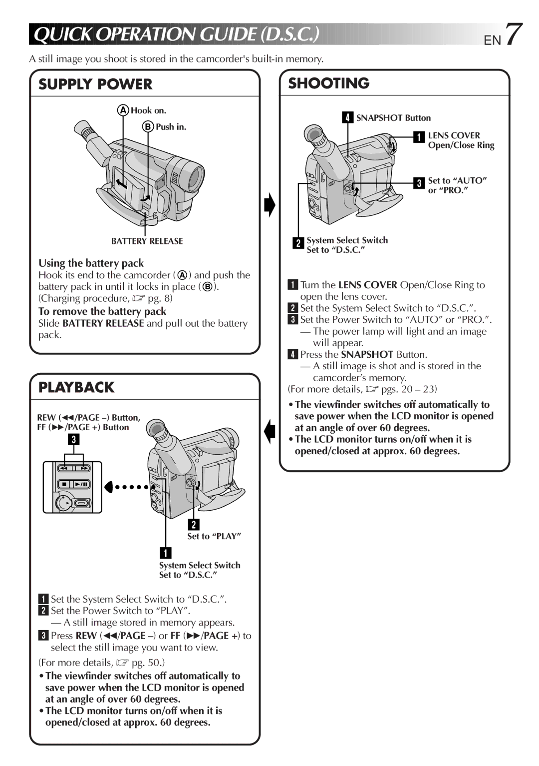 JVC GR-FXM65 specifications Quick Operation Guide D.S.C, Snapshot Button, Open/Close Ring Set to Auto or PRO 