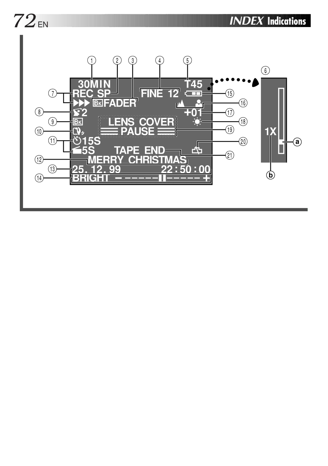 JVC GR-FXM65 specifications 72 EN, Index, Indications 