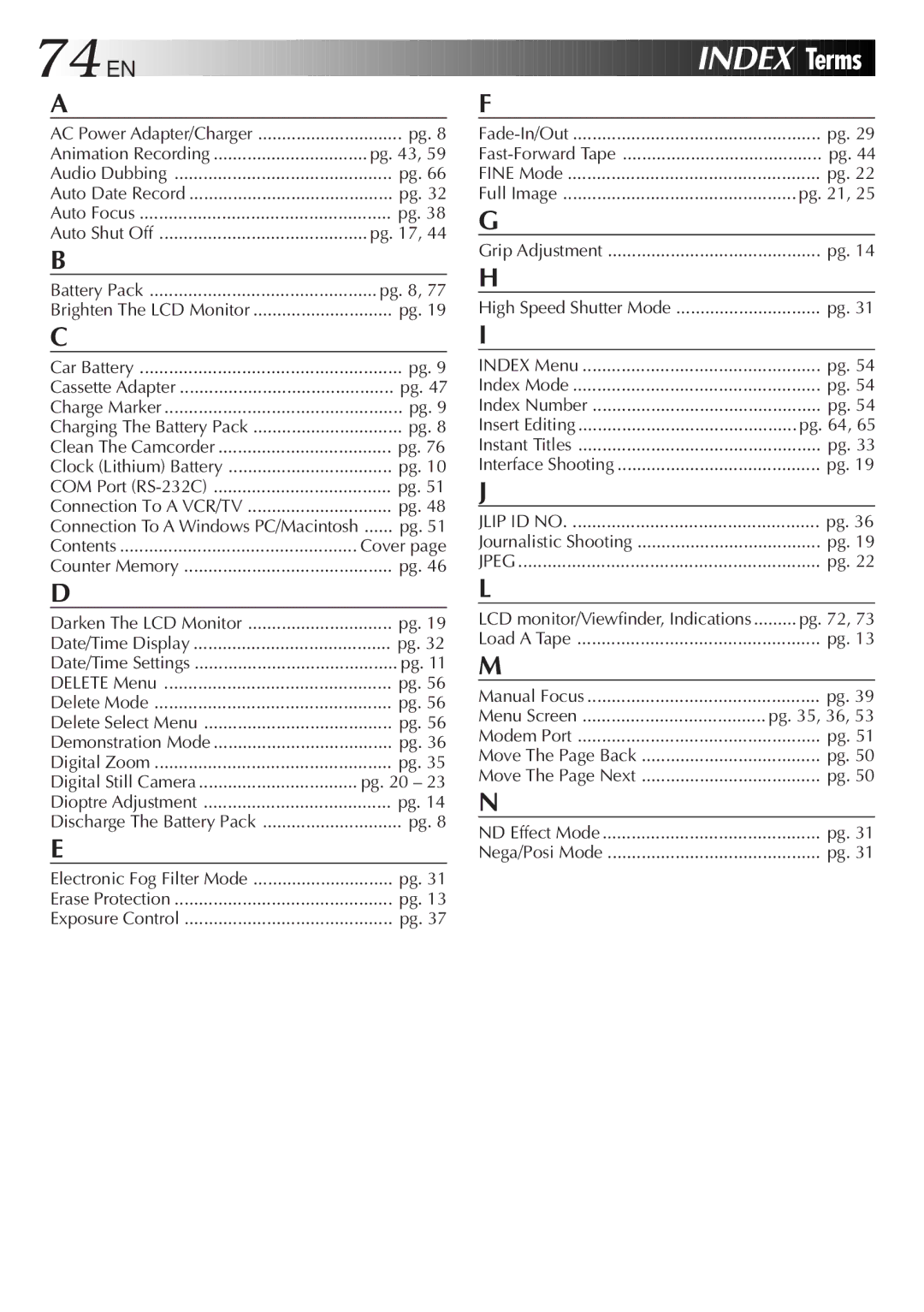 JVC GR-FXM65 specifications 74 EN, Full Image, Pg , 36 