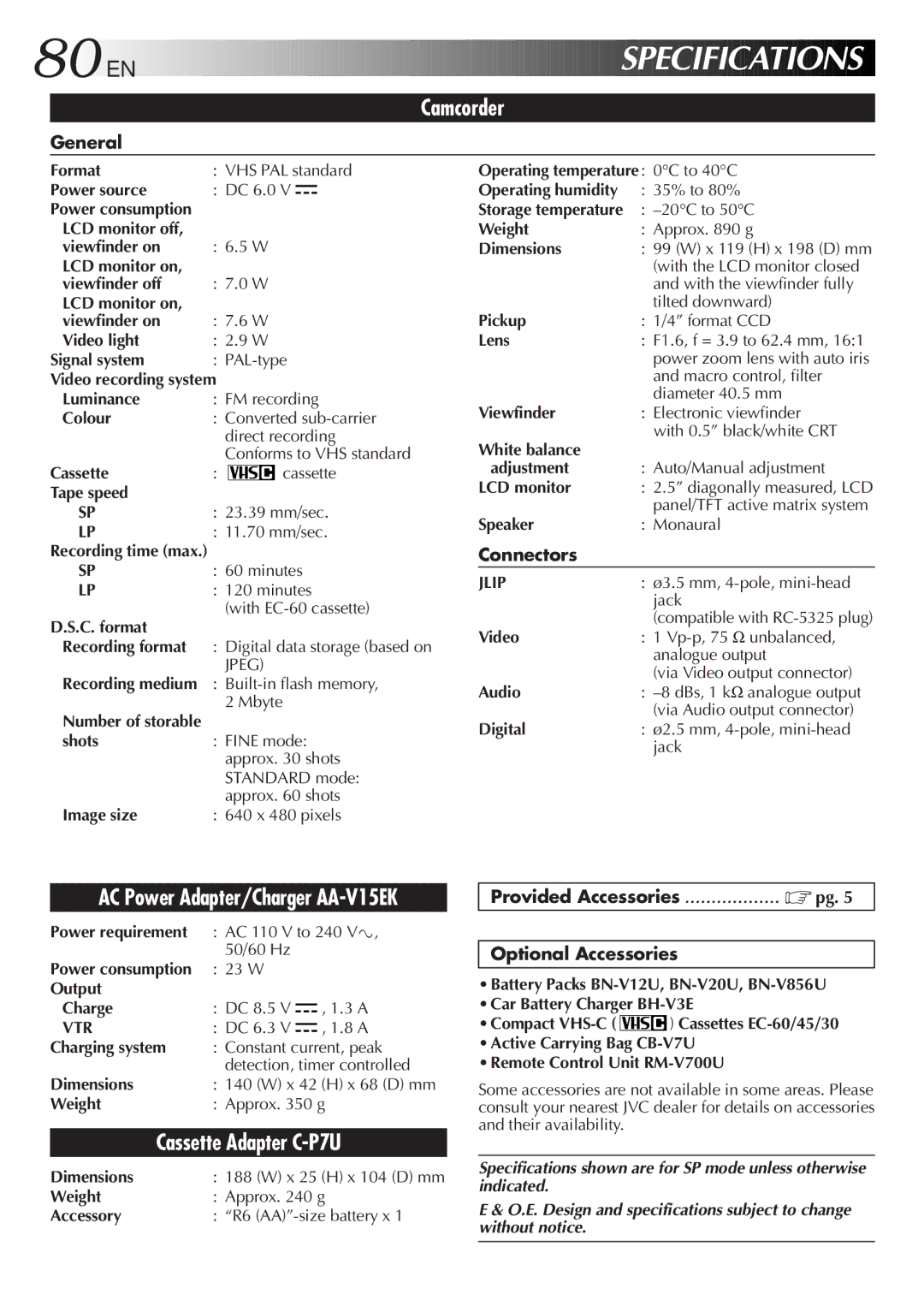 JVC GR-FXM65 specifications 80 EN, General, Connectors, Provided Accessories Optional Accessories 