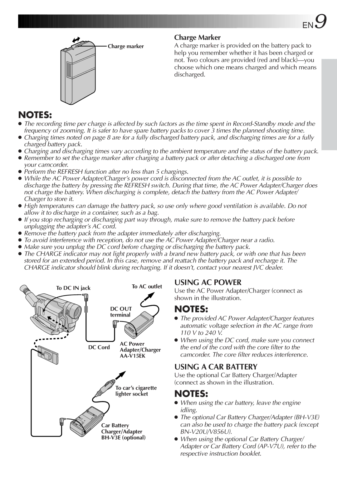 JVC GR-FXM65 specifications Using AC Power, Using a CAR Battery, Discharged 