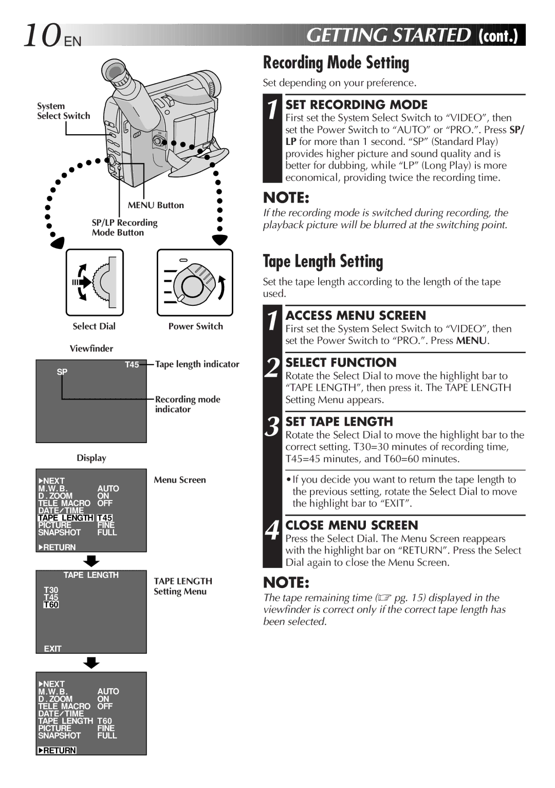 JVC GR-FXM75 manual 10 EN, Recording Mode Setting, Tape Length Setting, SET Recording Mode, SET Tape Length 