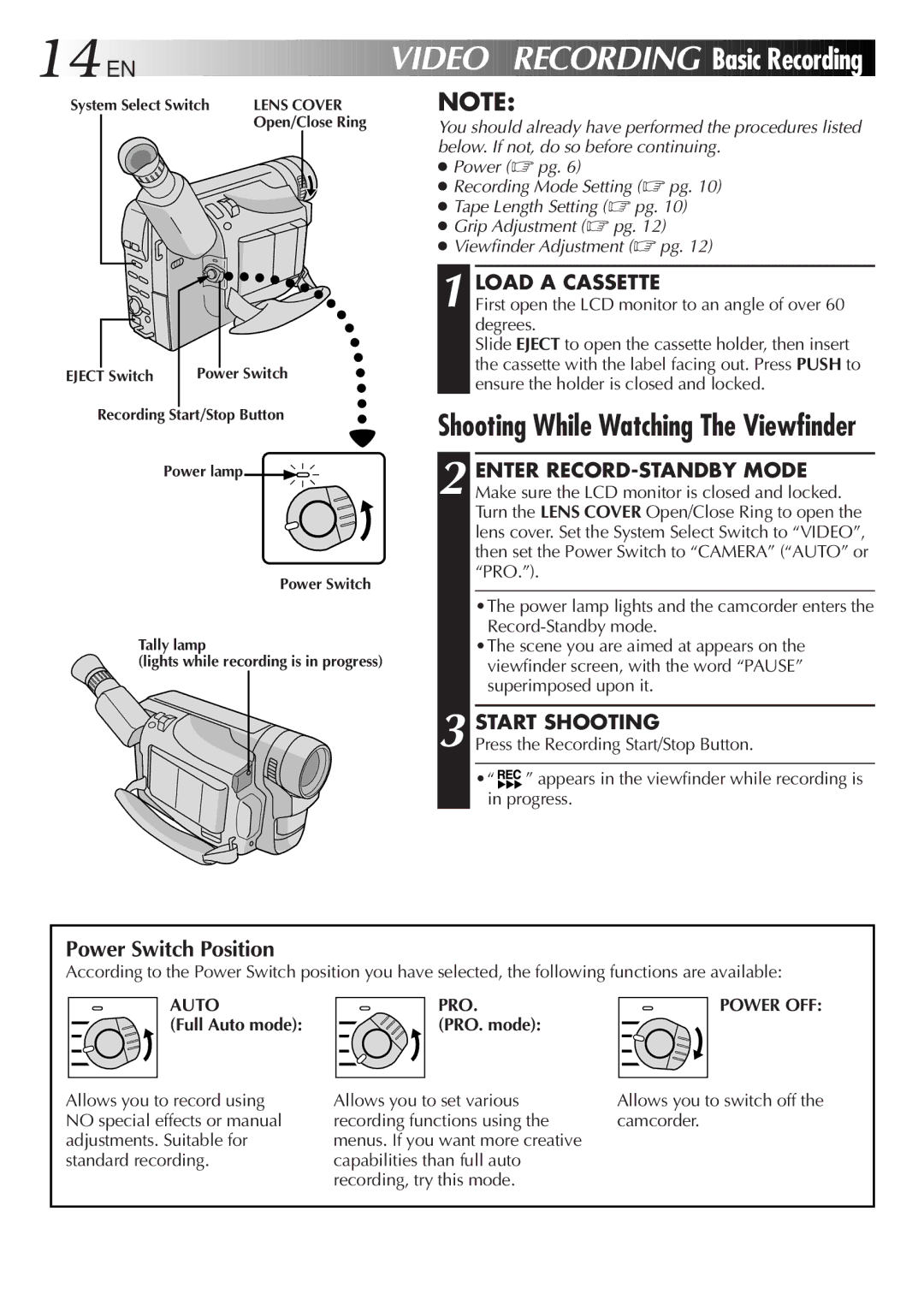 JVC GR-FXM75 manual 14 EN, Video Recording, Basic Recording, Power Switch Position 