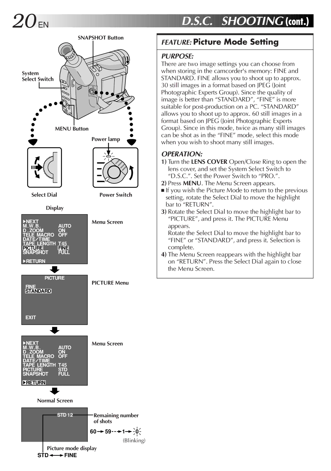 JVC GR-FXM75 manual 20 EN, Feature Picture Mode Setting, Snapshot Button System Select Switch Menu Button Power lamp 