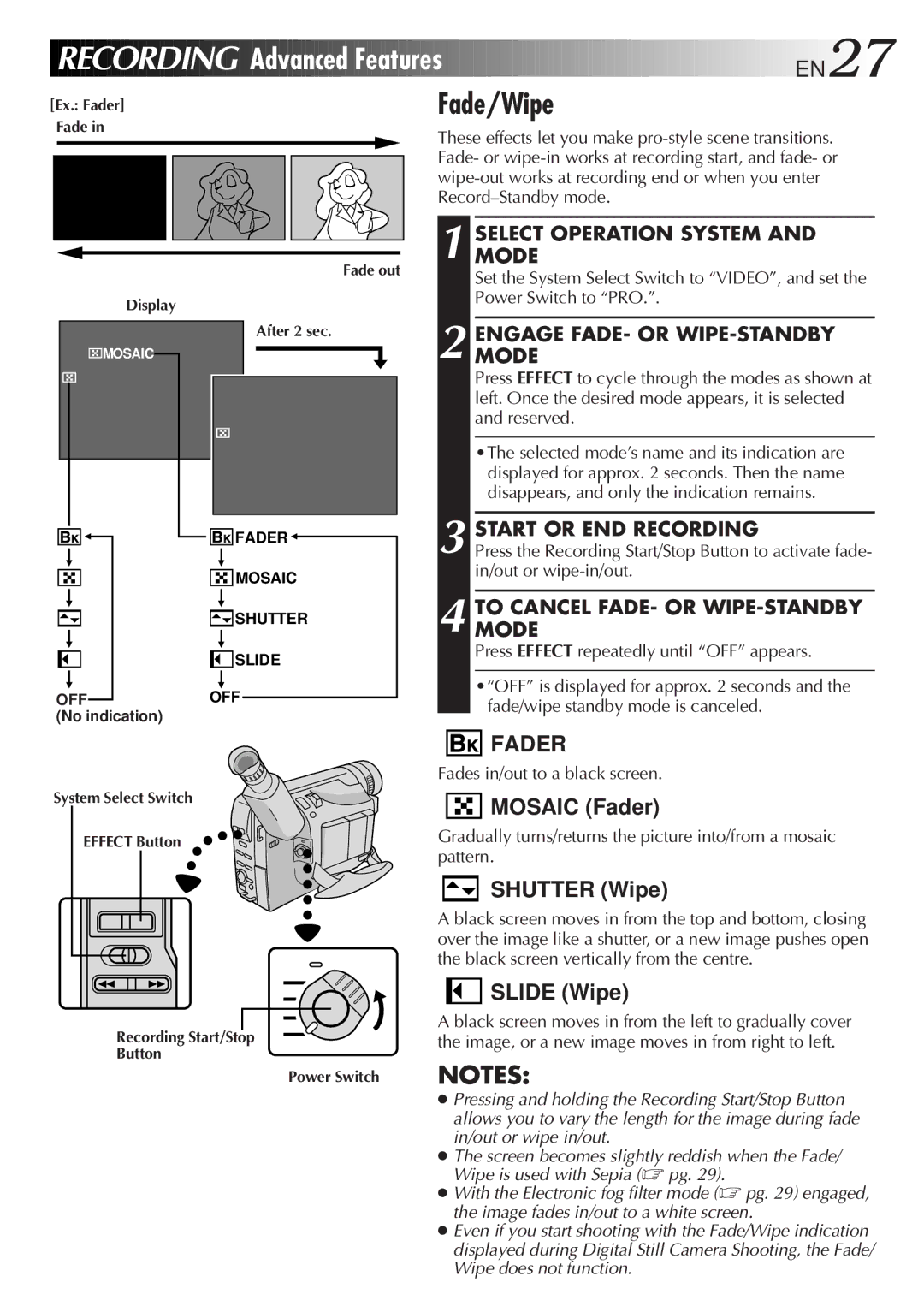 JVC GR-FXM75 manual Modeengage FADE- or WIPE-STANDBY 