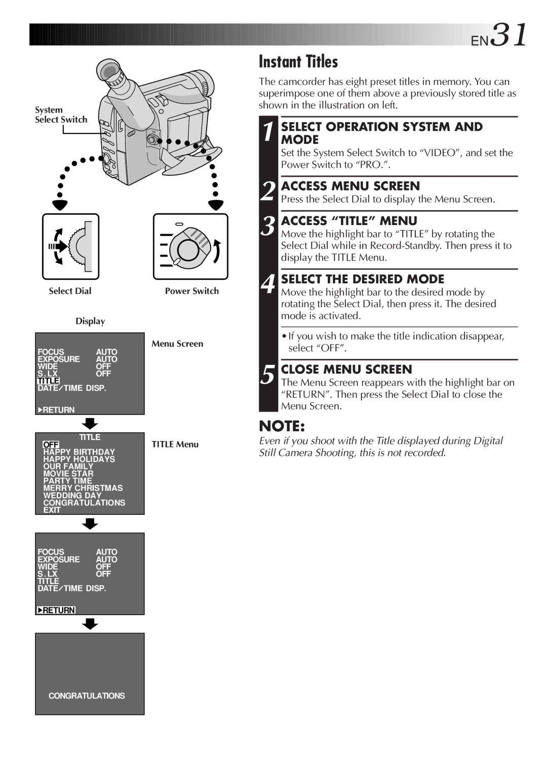 JVC GR-FXM75 manual Instant Titles, Access Title Menu, System Select Switch Select Dial Display 