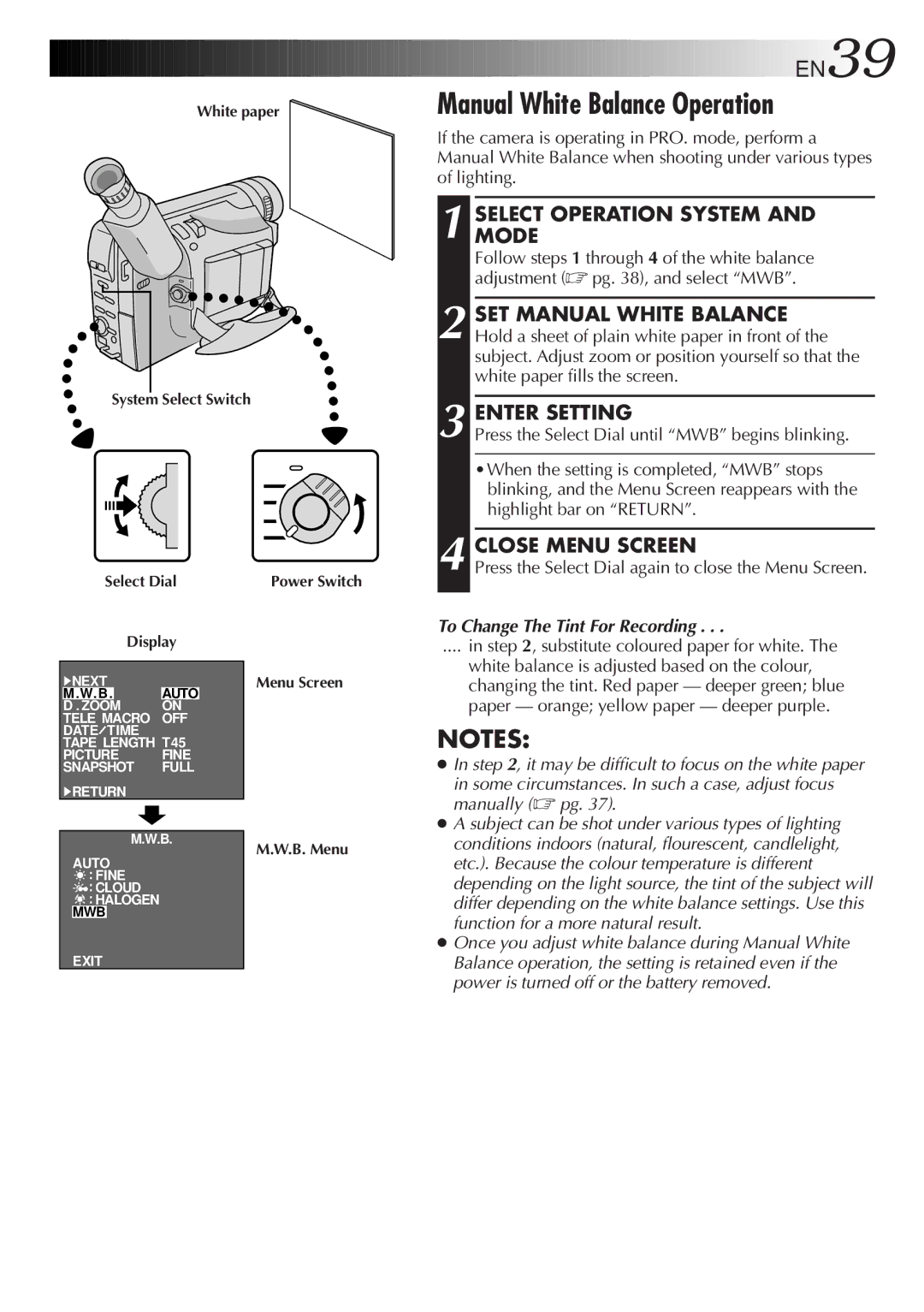 JVC GR-FXM75 manual Manual White Balance Operation, Enter Setting, Press the Select Dial again to close the Menu Screen 