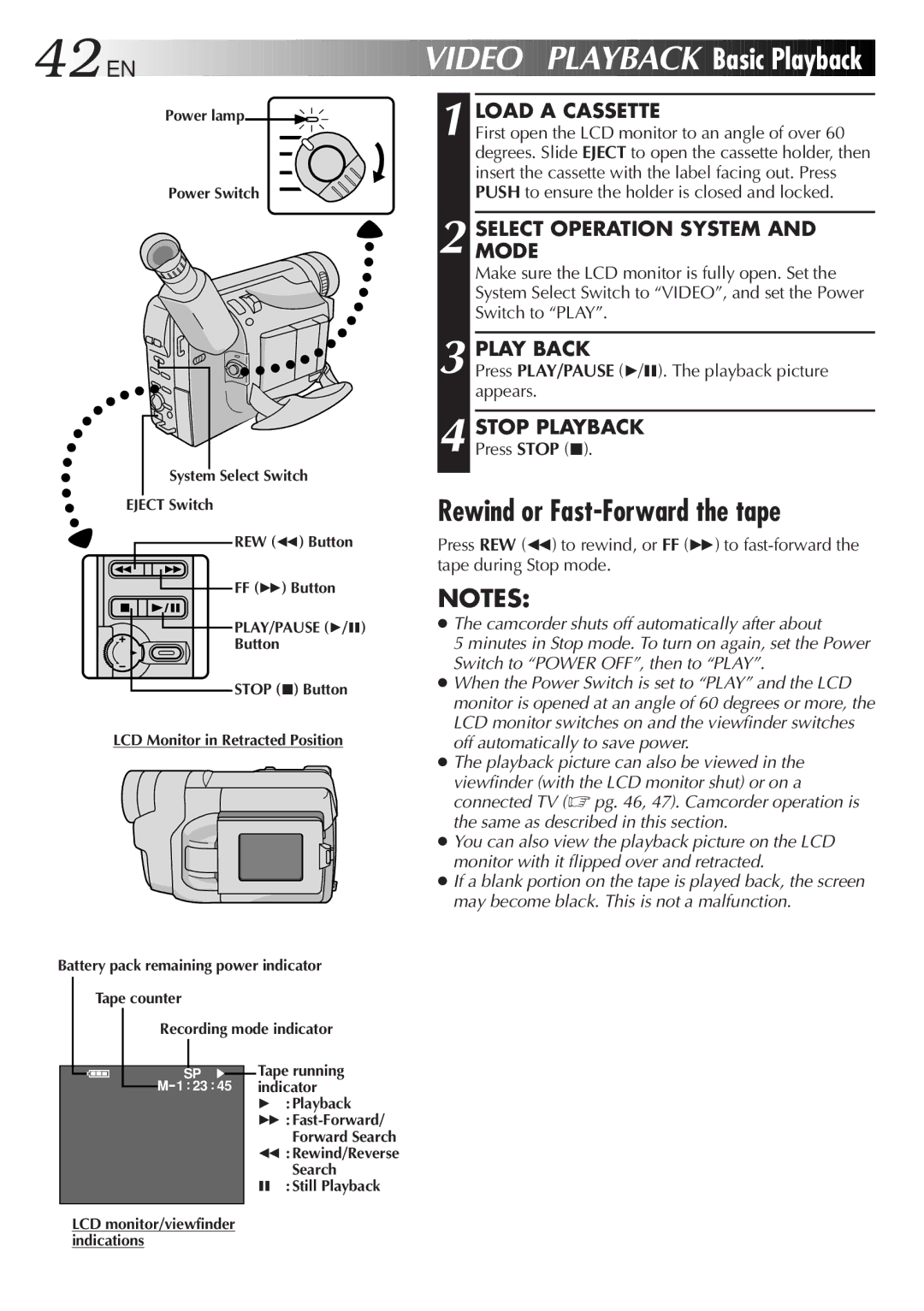 JVC GR-FXM75 manual 42 EN, Video Playback Basic Playback, Rewind or Fast-Forward the tape, Play Back, Stop Playback 