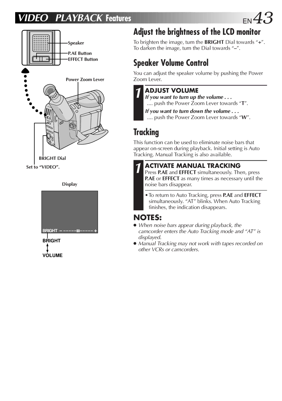 JVC GR-FXM75 manual Features EN43, Speaker Volume Control, Adjust Volume, Activate Manual Tracking 