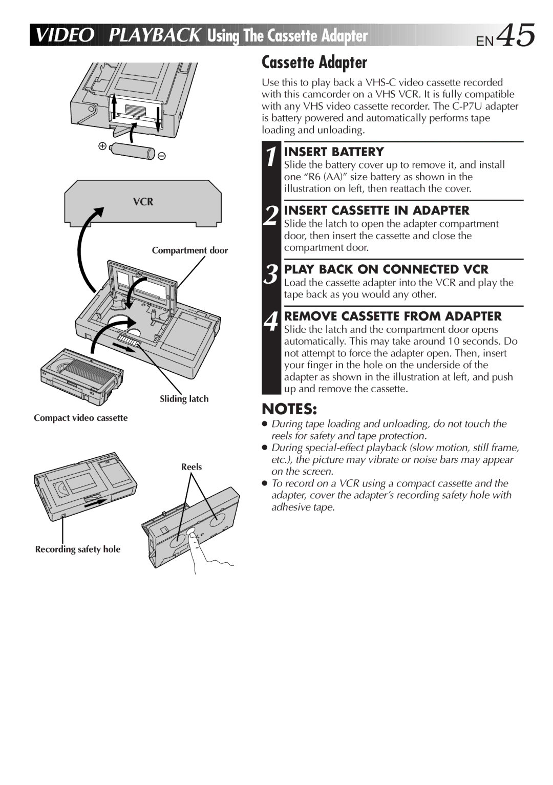 JVC GR-FXM75 Using The Cassette Adapter EN45, Insert Battery, Compartment door Sliding latch Compact video cassette Reels 