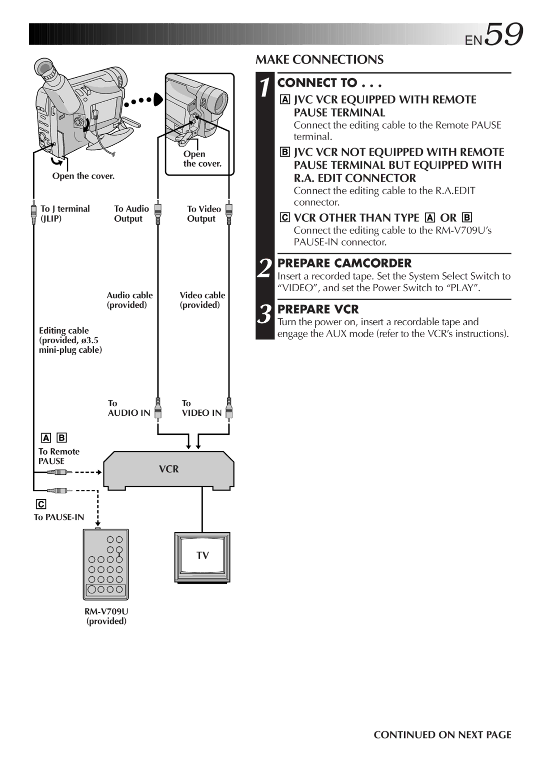 JVC GR-FXM75 Make Connections, JVC VCR Equipped with Remote Pause Terminal, VCR Other than Type or, Prepare Camcorder 