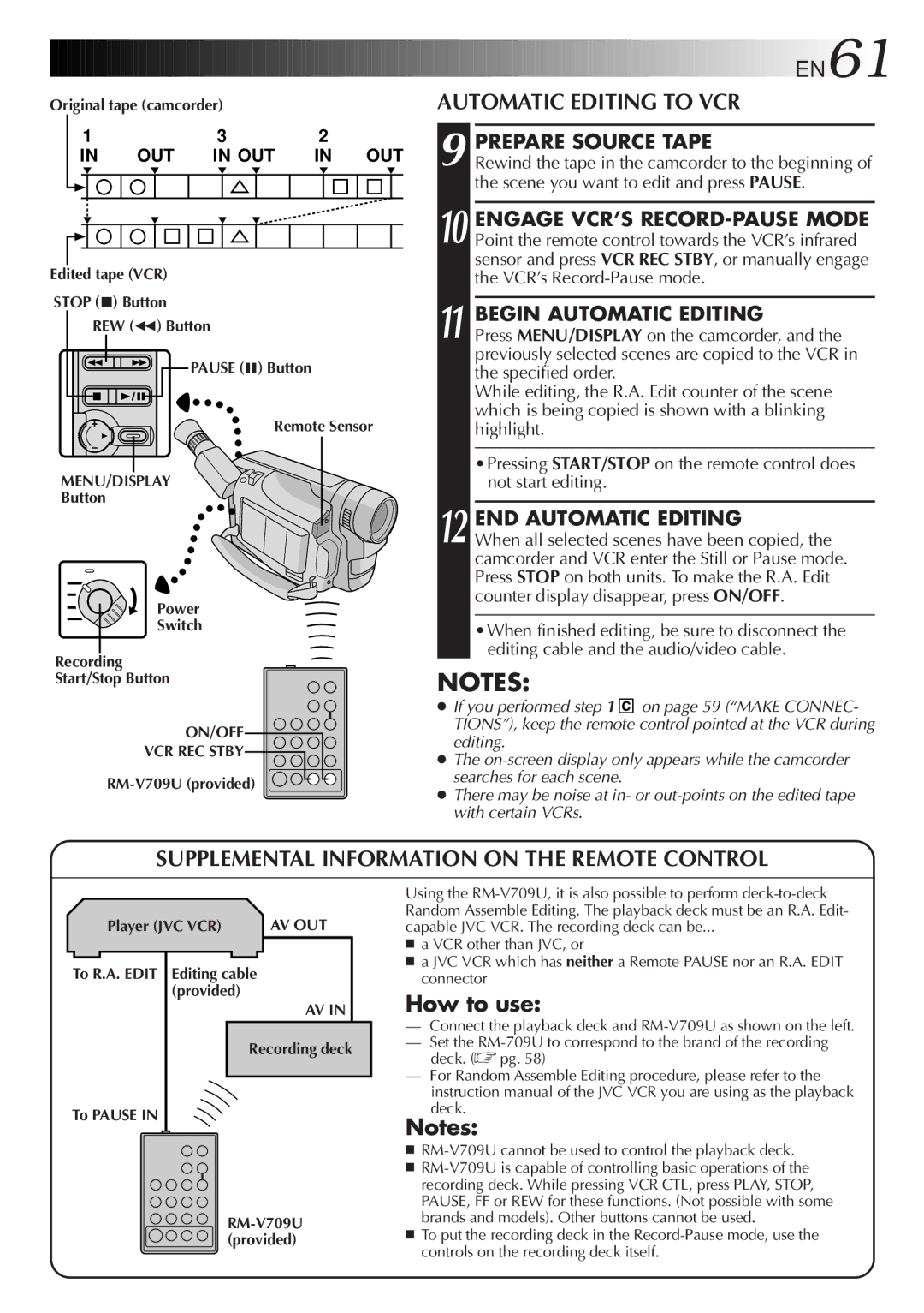 JVC GR-FXM75 manual Automatic Editing to VCR, Supplemental Information on the Remote Control, How to use 