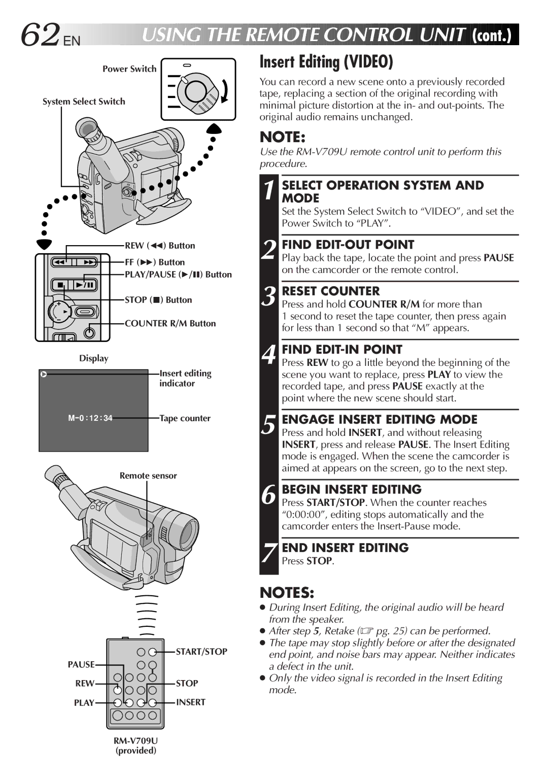 JVC GR-FXM75 manual EN Using the Remote Control Unit, Insert Editing Video 