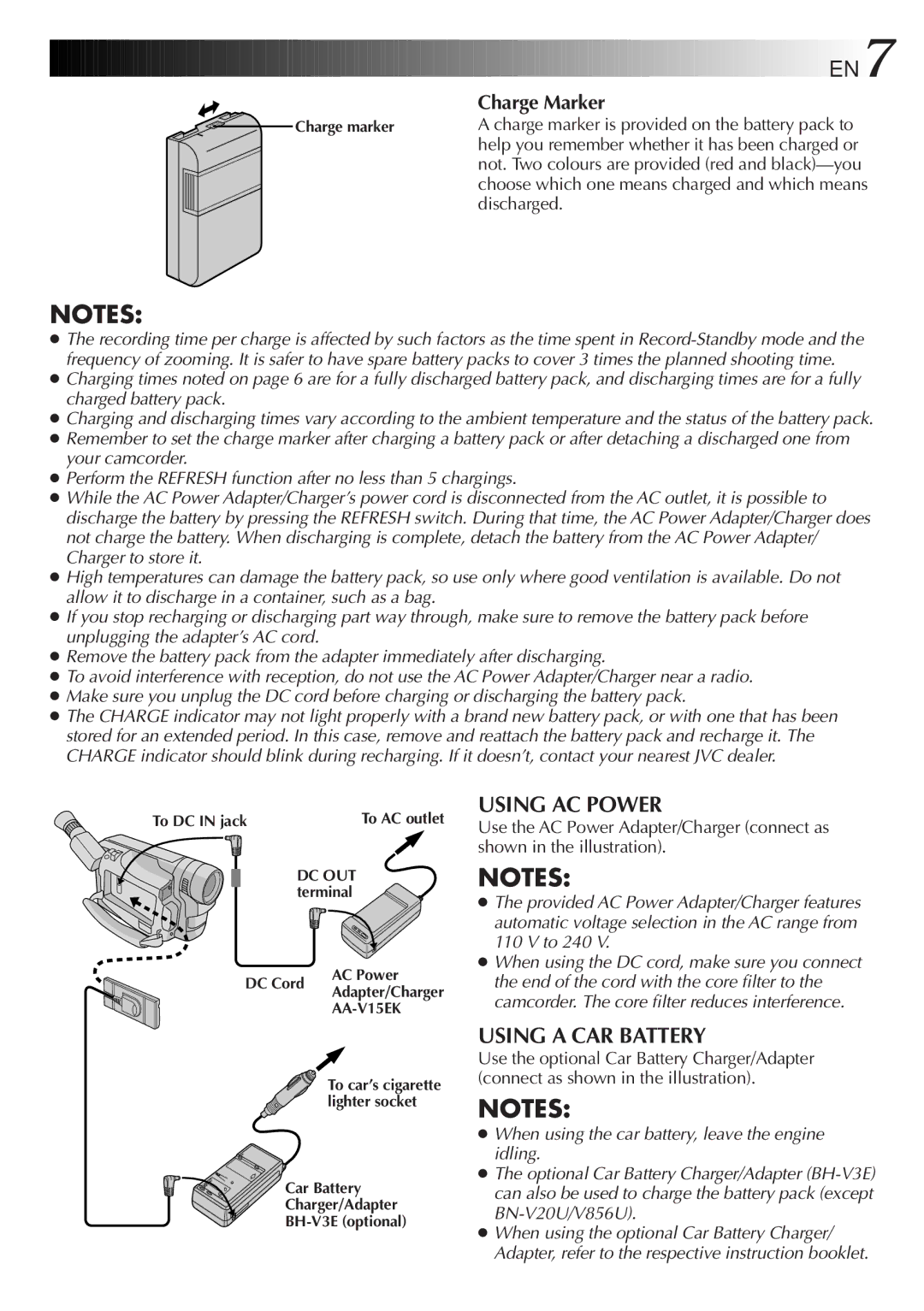 JVC GR-FXM75 manual Using AC Power, Using a CAR Battery, Discharged 