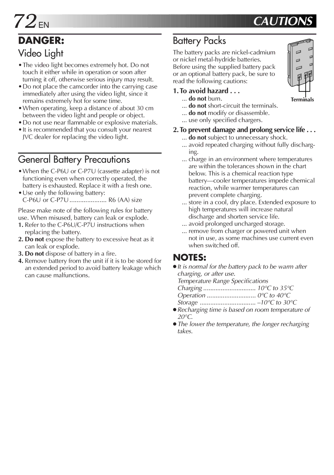 JVC GR-FXM75 72 EN, JVC dealer for replacing the video light, Use only the following battery P6U or C-P7U, Do not burn 