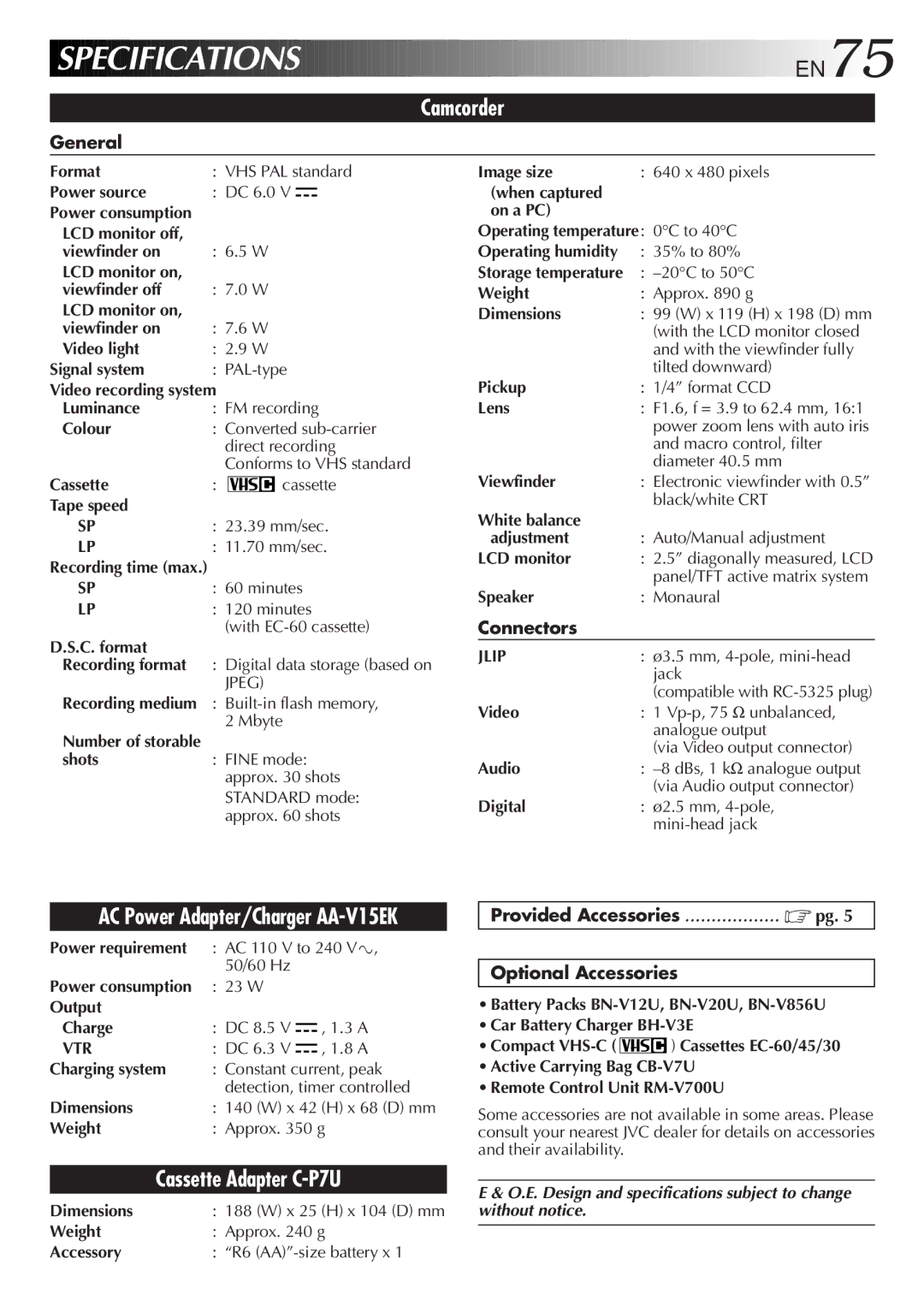 JVC GR-FXM75 manual General, Connectors, Provided Accessories Optional Accessories 