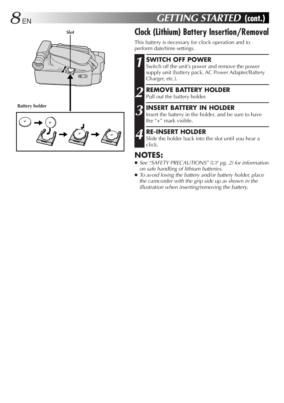 JVC GR-FXM75 manual Getting Started, Switch OFF Power, Remove Battery Holder, Insert Battery in Holder, RE-INSERT Holder 