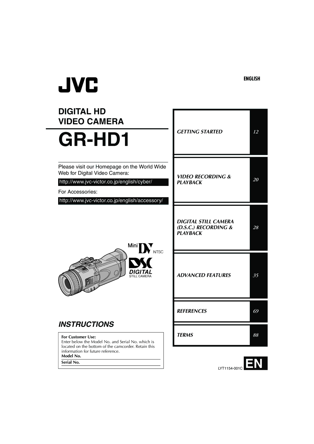 JVC LYT1154-001C, GR-HD1, 0503-FO-ID-VP manual For Customer Use, Model No Serial No 