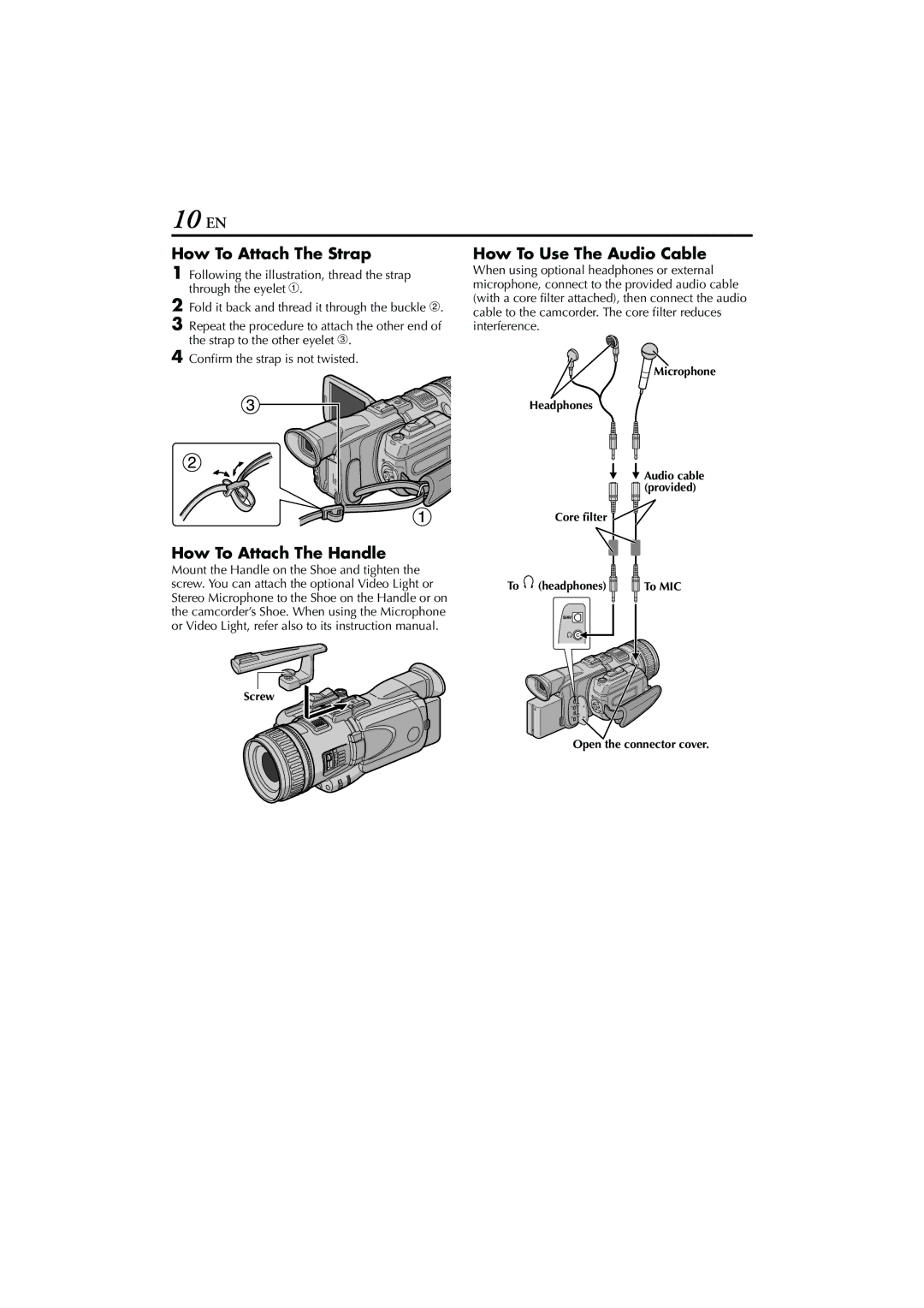 JVC LYT1154-001C, GR-HD1 manual 10 EN, How To Attach The Strap, How To Attach The Handle, How To Use The Audio Cable 