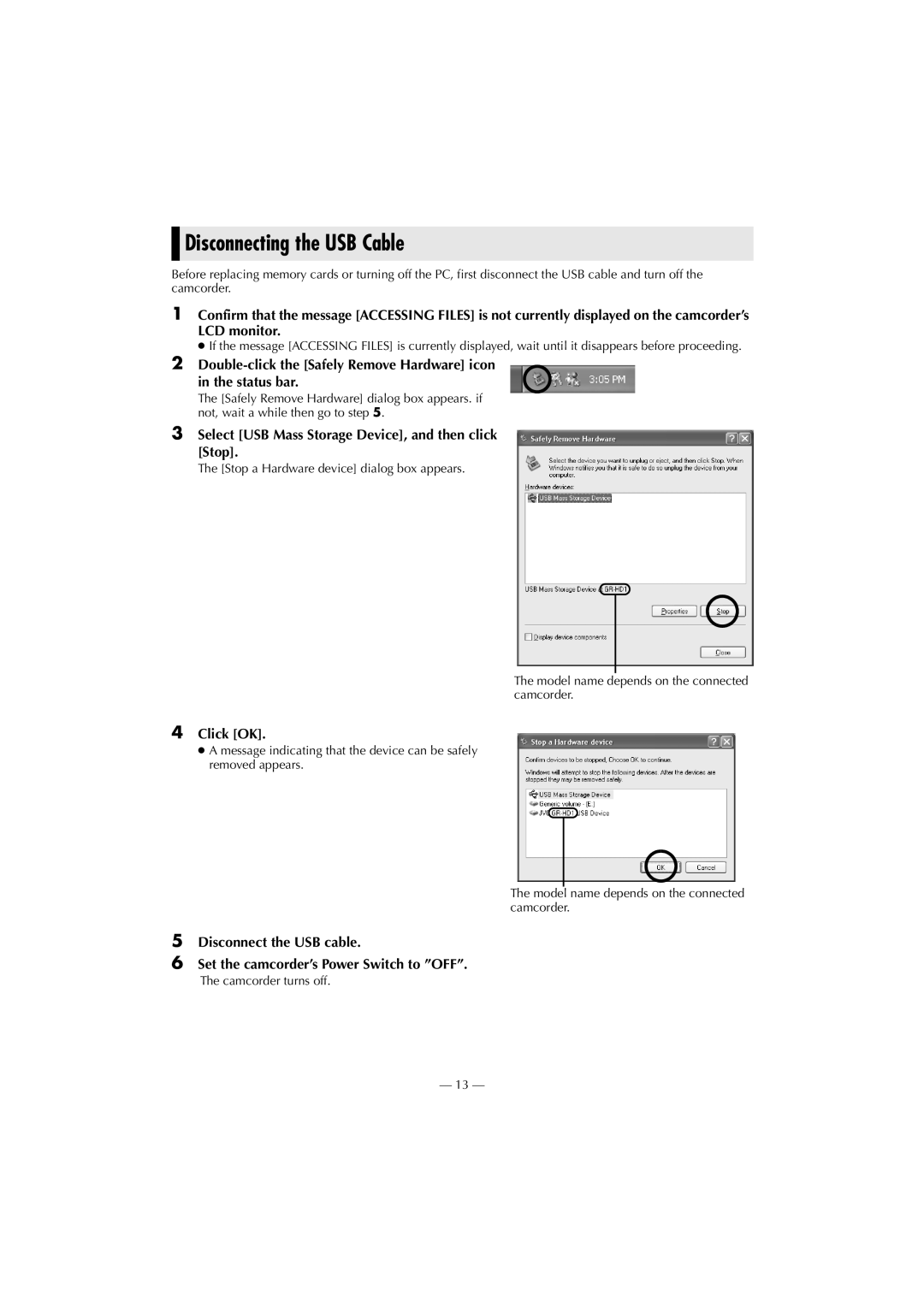 JVC GR-HD1 Disconnecting the USB Cable, Select USB Mass Storage Device, and then click Stop, Click OK, Camcorder turns off 