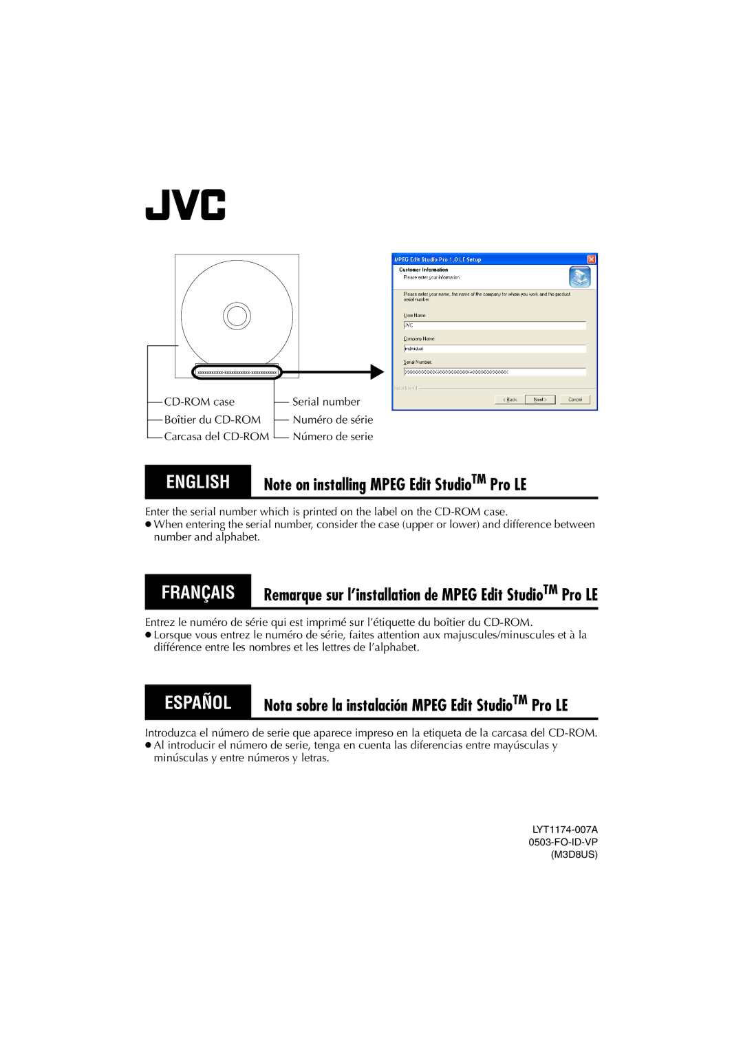 JVC GR-HD1 Nota sobre la instalación Mpeg Edit StudioTM Pro LE, Remarque sur l’installation de Mpeg Edit StudioTM Pro LE 