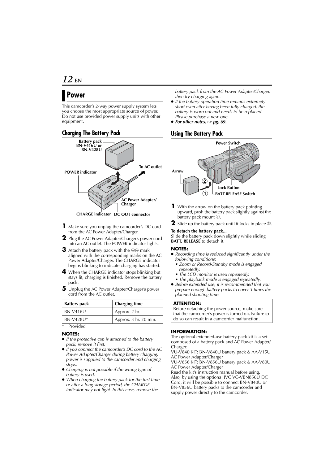 JVC GR-HD1, LYT1154-001C, 0503-FO-ID-VP manual 12 EN, Power, Charging The Battery Pack, Using The Battery Pack, Information 