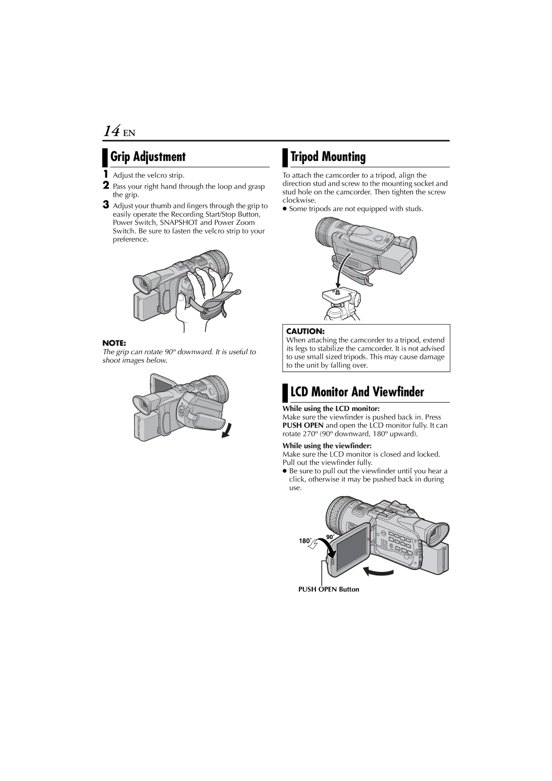 JVC 0503-FO-ID-VP, GR-HD1 14 EN, Grip Adjustment, Tripod Mounting, While using the LCD monitor, While using the viewfinder 